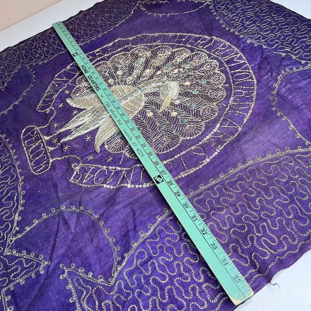 Vtg 1945 Indian Zari Embroidery Peacock Purple Velvet Panel WWII Era Gift 36x35